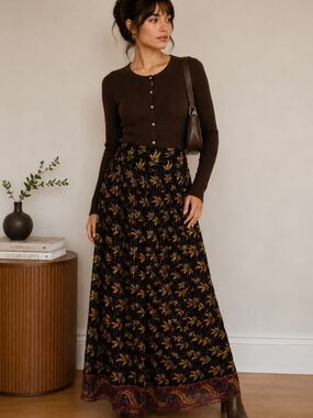 What Goes Around Comes Around Silk And Metallic Thread Black Floral Maxi Skirt